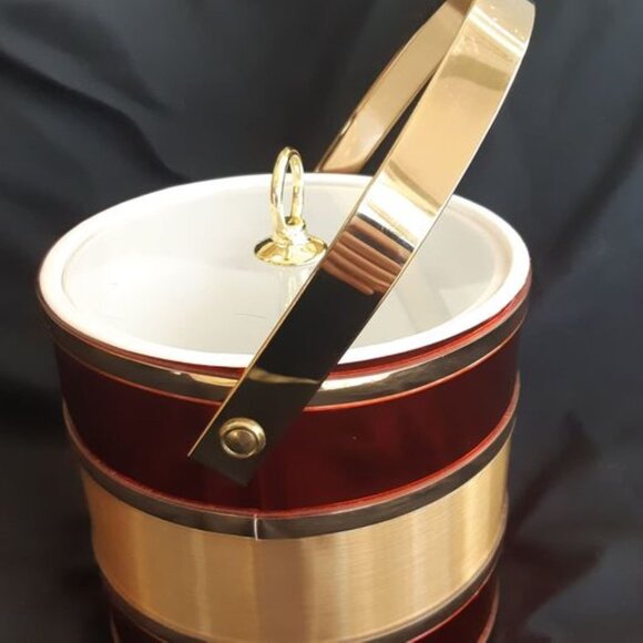 VTG MCM Shelton Ware Ice Bucket w/Handle Lucite Lid Red & Gold Christmas Colors - Picture 2 of 9